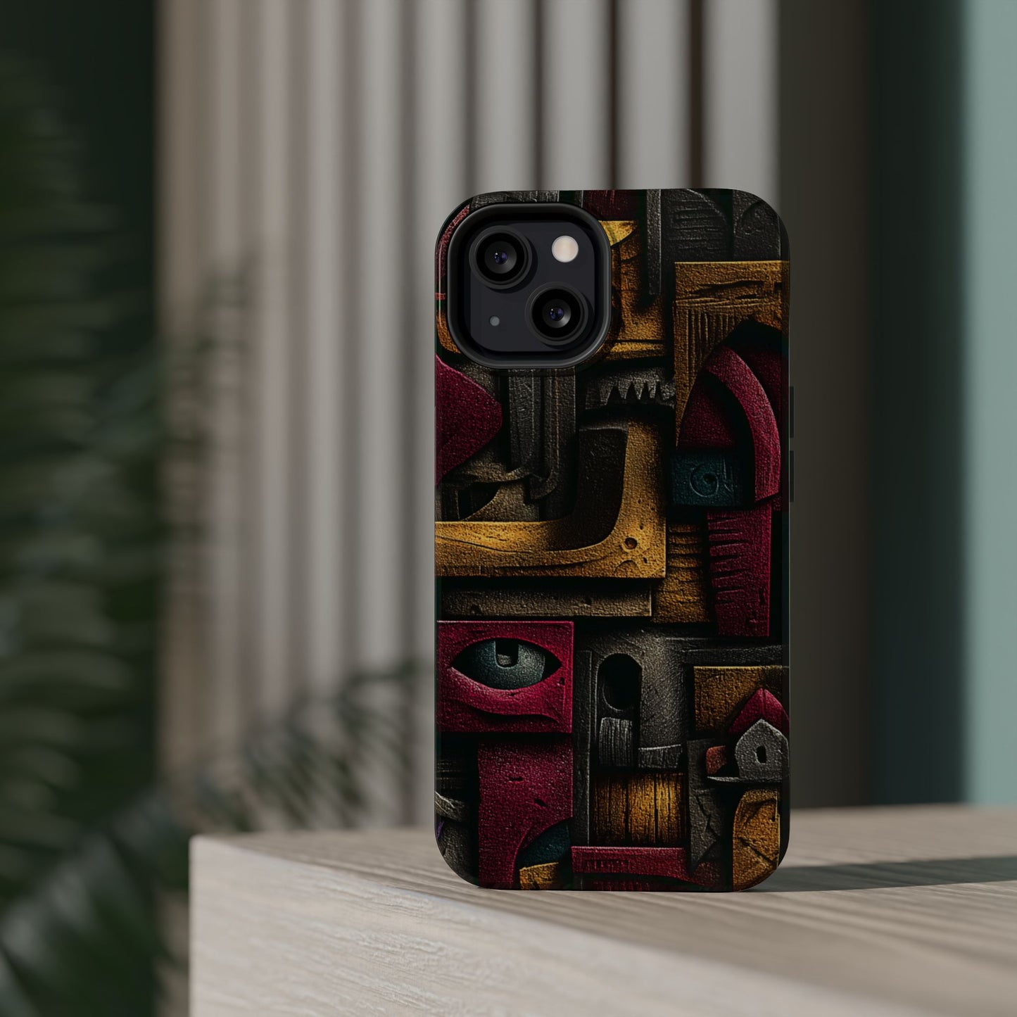 Architectural motif phone case with surreal symbols