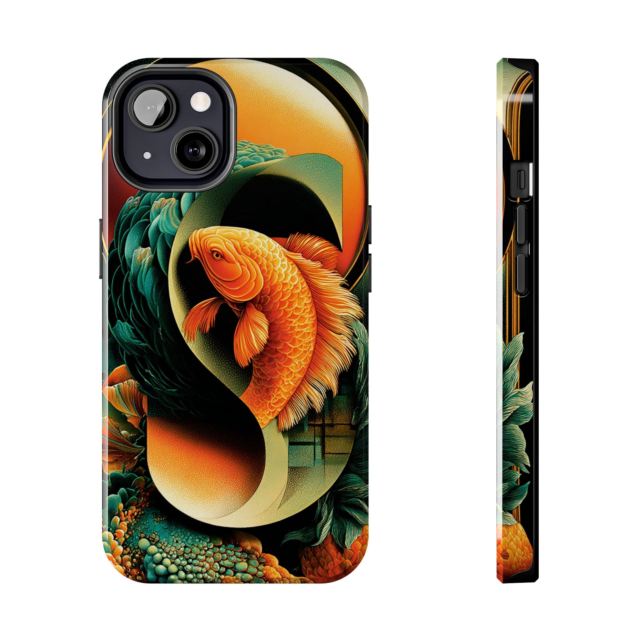 Koi Fish Wrapped in Gold and Emerald Letterform Design - Artistic