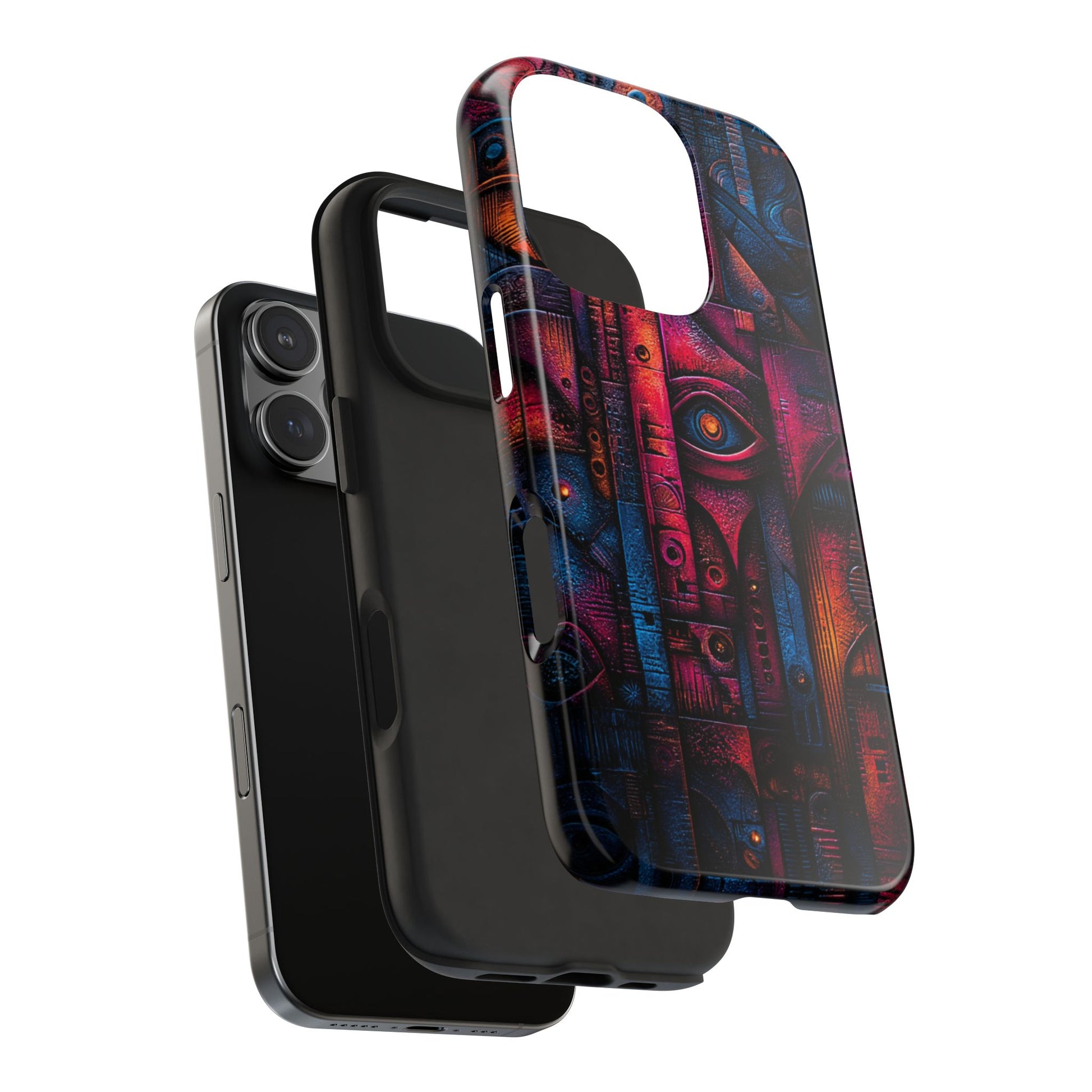 Blue and red artistic phone case with symbolic geometry