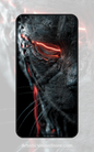 Cyber Panther – glowing neon cyber cat with red eyes, free phone wallpaper with futuristic aesthetic