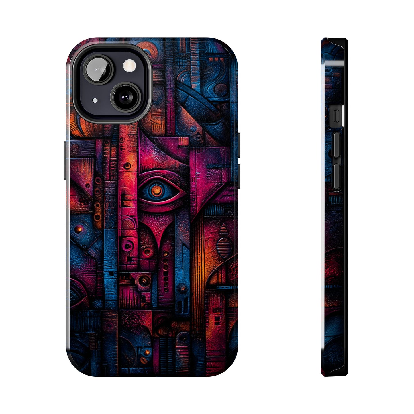 Deep surreal eye phone case in glowing red and blue