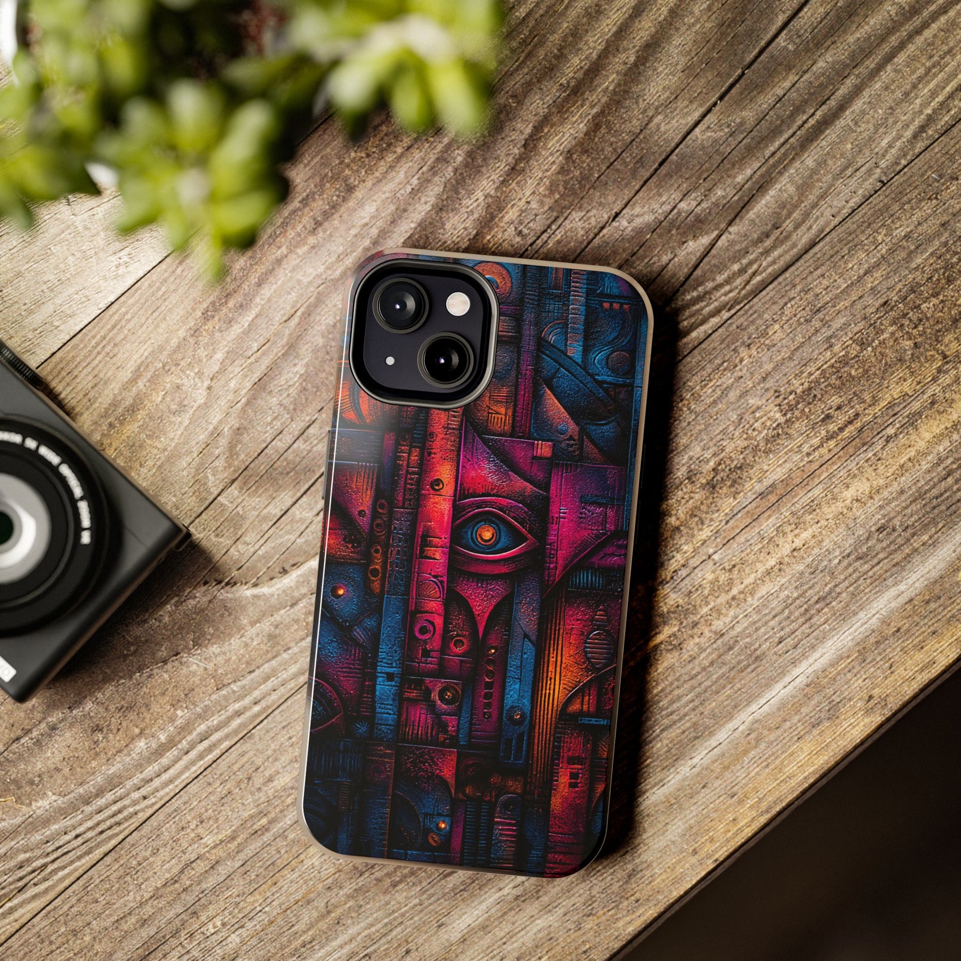Detailed surrealist phone case with glowing lines