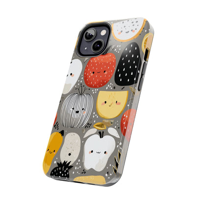 Grey background phone case with colorful smiling fruits