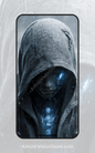 Icy Ghost – hooded android with glowing circuitry, free phone wallpaper with cold futuristic design