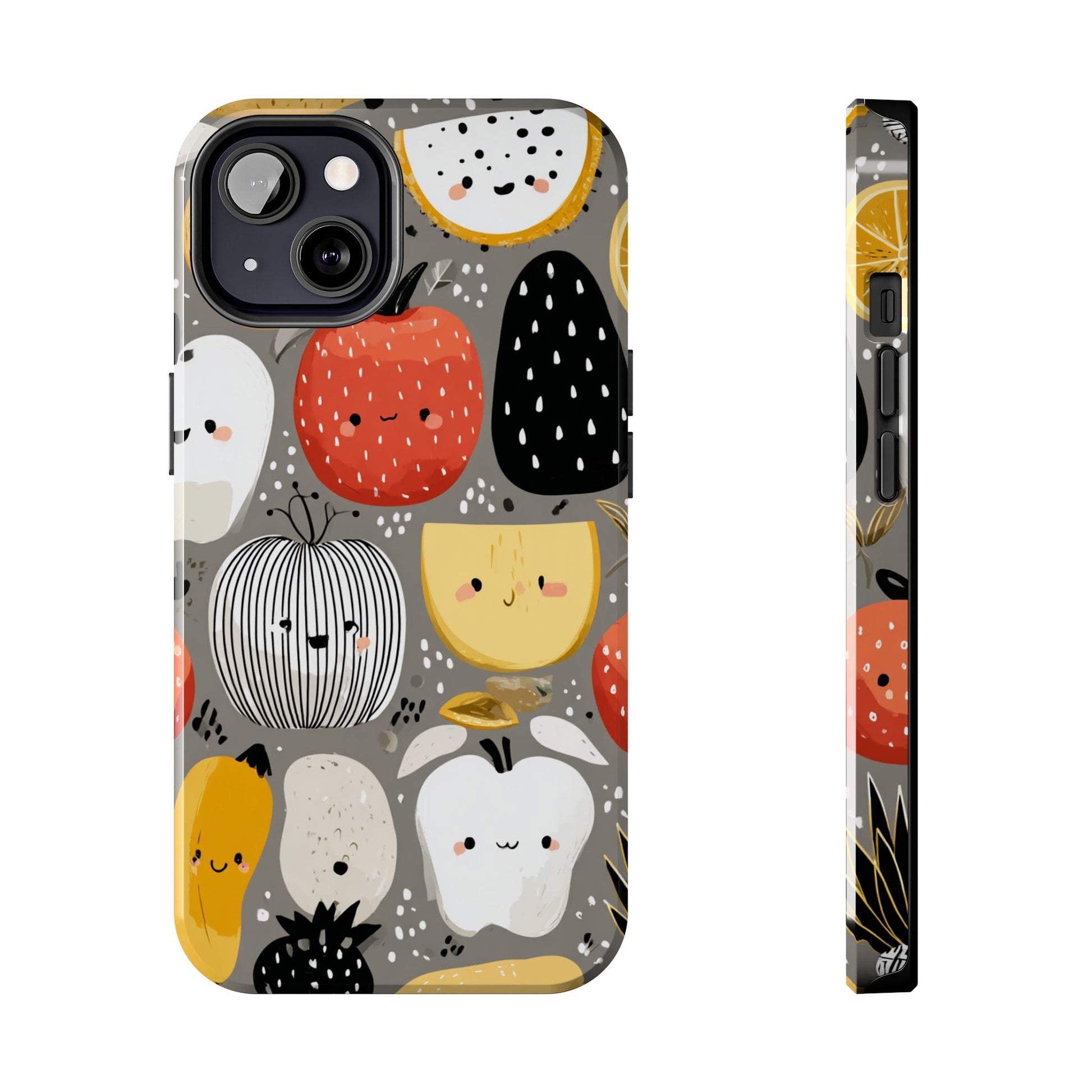 Kawaii fruit phone case with smiling characters on grey
