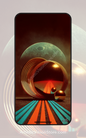 This digital wallpaper features glowing golden rings on a surreal striped path beneath a green moon, creating a dreamlike sci-fi cosmic scene perfect for desktop and phone screens.