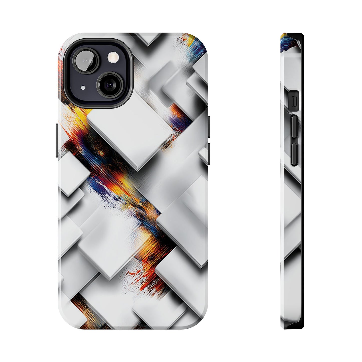 Minimalist white cube phone case with colorful paint streaks