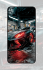 Neon Beast in the Garage free phone wallpaper with glowing red sports car in dark cyberpunk garage.