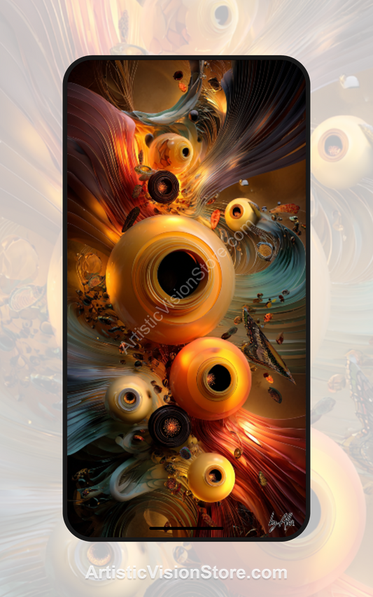 This digital wallpaper features a glowing bloom of swirling orange orbs and abstract mechanical petals in motion, ideal for a futuristic or sci-fi inspired screen design.