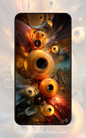 This digital wallpaper features a glowing bloom of swirling orange orbs and abstract mechanical petals in motion, ideal for a futuristic or sci-fi inspired screen design.