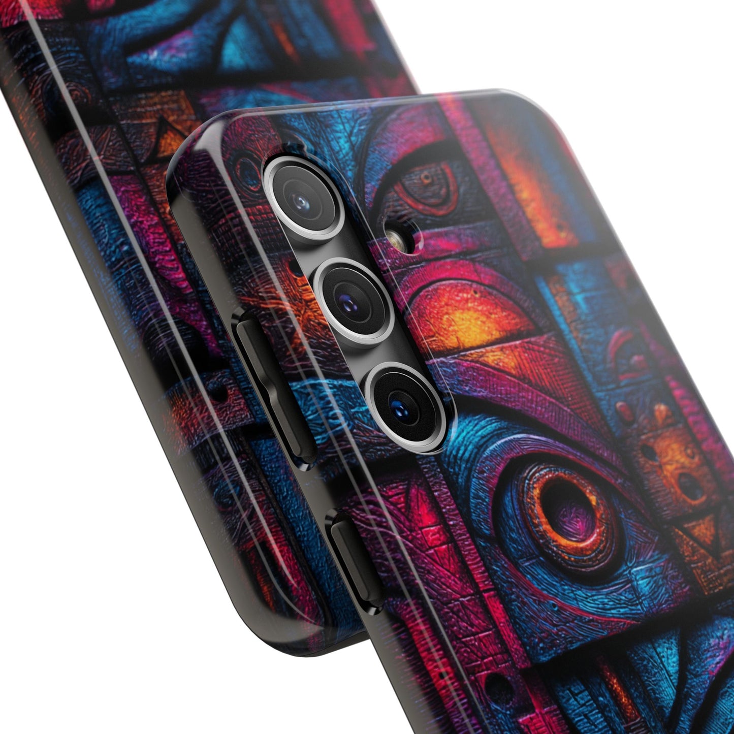 Sculptural abstract phone case in glowing pink and blue
