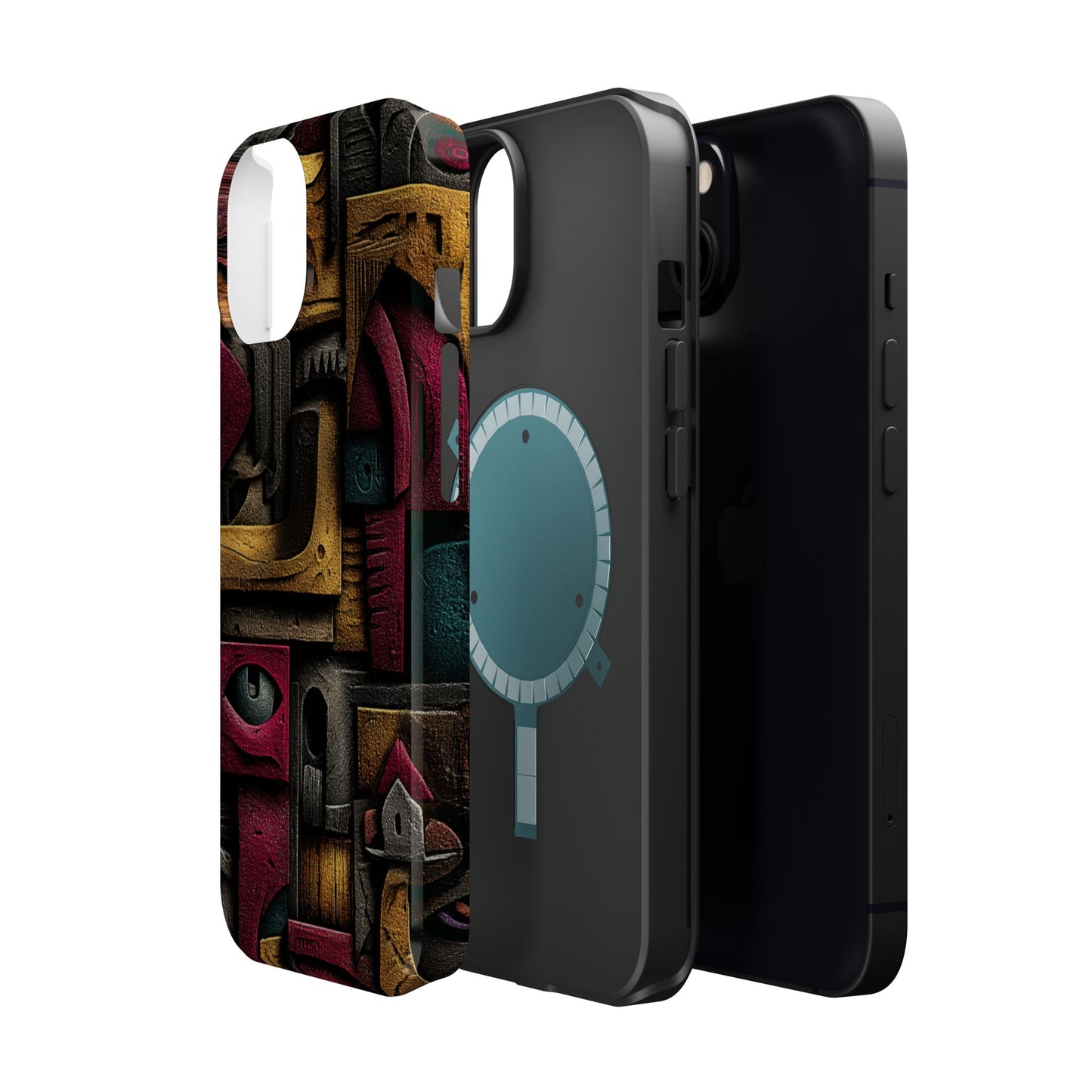 Shadowy sculptural phone case with gold and crimson
