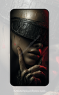 Silenced Signal – blindfolded android face in dark red light, free phone wallpaper with minimalist sci-fi aesthetic