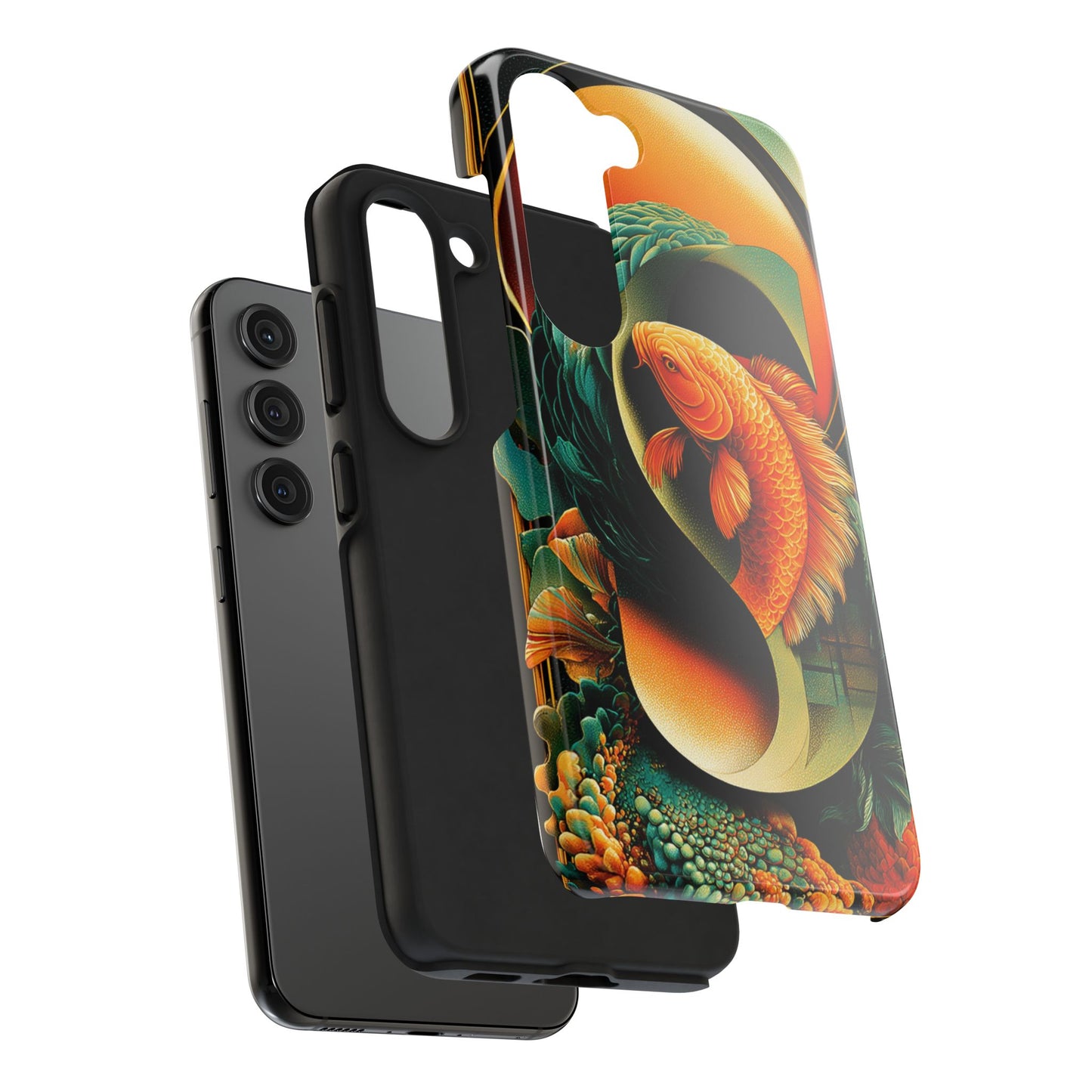 Sophisticated koi phone case with stylized letterform flow