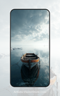 Stillwater Drift – wooden boat on calm misty lake, free phone wallpaper with peaceful minimalist design