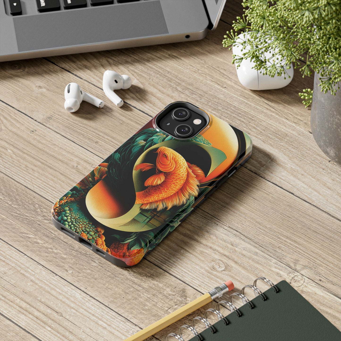 Surreal koi fish phone case wrapped in stylized S shape