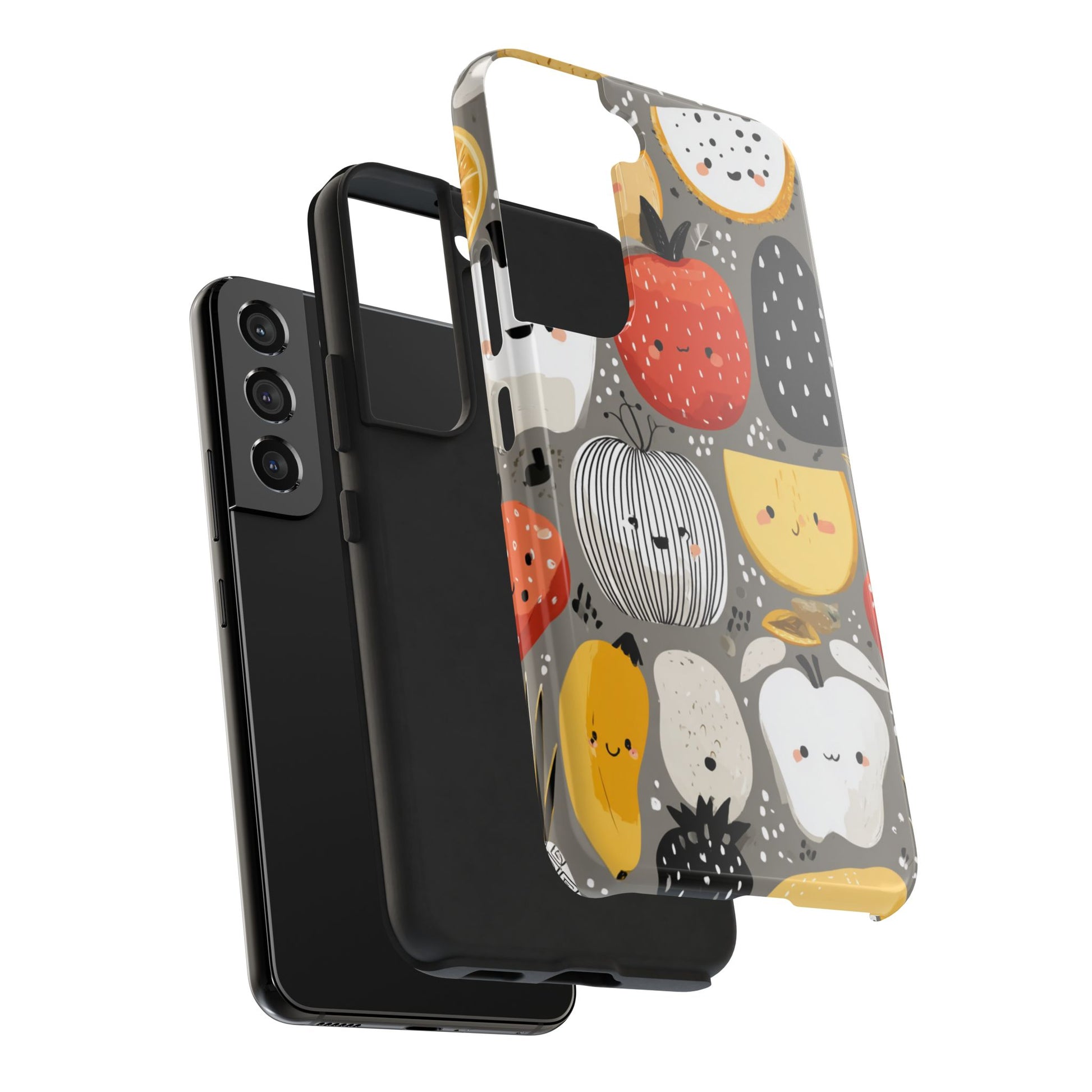 Wholesome phone case design with illustrated fruit characters